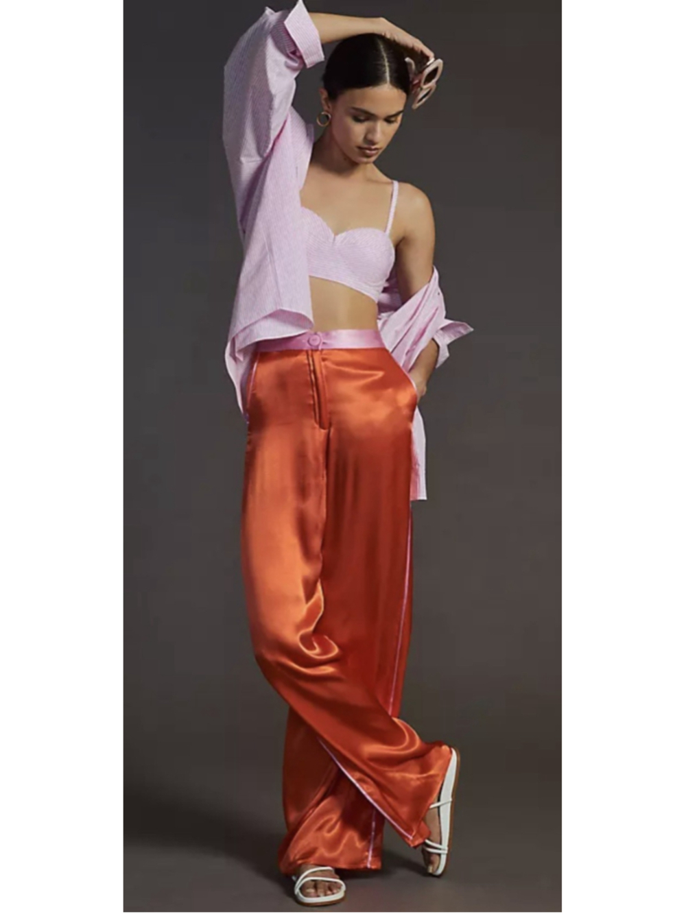 Anthropologie COREY LYNN CALTER Sam Pants Bright Orange Pink Trim Satin Wide-Leg